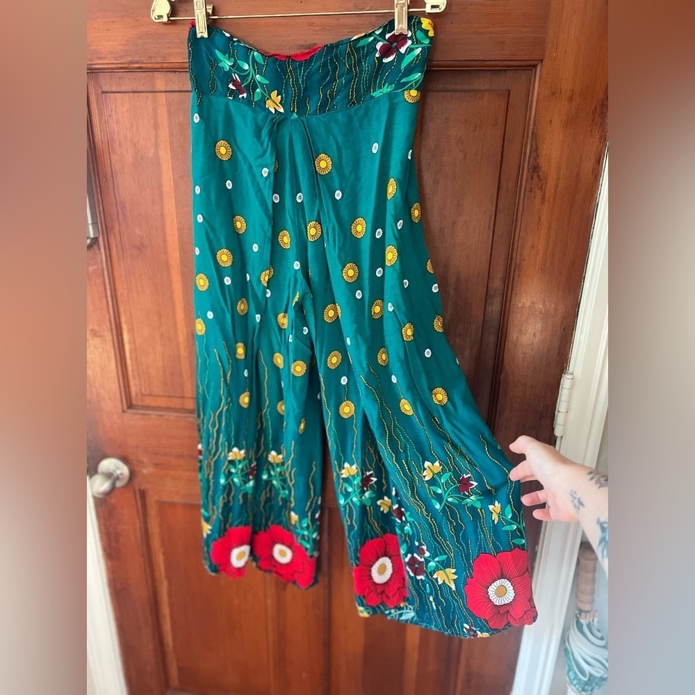 Boho Floral Wide Leg Pants Green | Elastic Waist Palazzo Beach Festival Size M - Picture 9 of 10